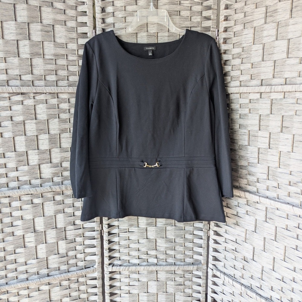 Talbots Peplum Top Black Gold Horsebit Detail Ponte Knit Classic Office Chic Lg